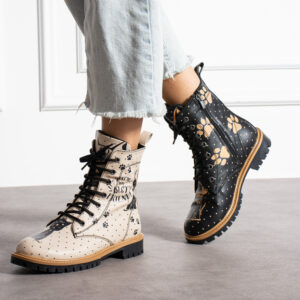 Botas planos de piel negros para mujer con cordones Botines mujer