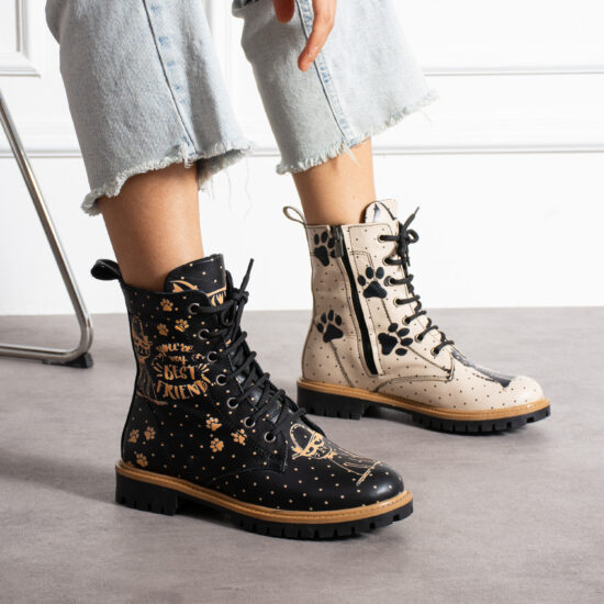 Botas planos de piel negros para mujer con cordones | TUASOLEA