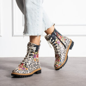 Botas planos de piel con estampado animal print de leopardo para mujer con cordones Botines mujer