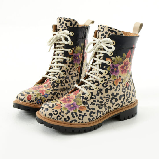 Botas planos de piel con estampado animal print de leopardo para mujer con cordones | TUASOLEA