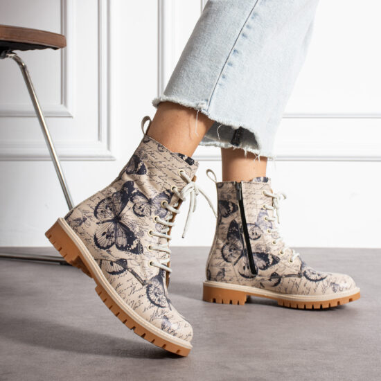 Botas planos de piel beige para mujer con cordones Botines mujer piel