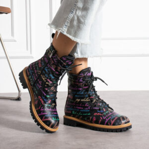 Botas planos de piel negros para mujer con cordones Botines mujer