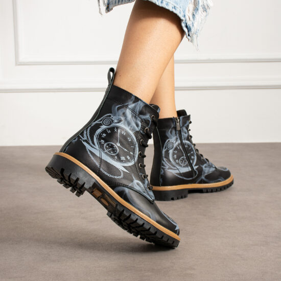 Botas planos de piel negros para mujer con cordones | TUASOLEA