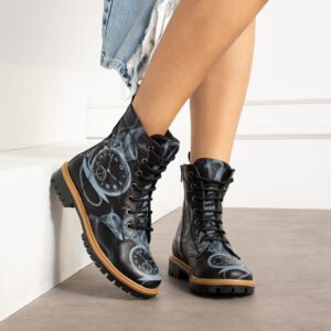 Botas planos de piel negros para mujer con cordones Botines mujer