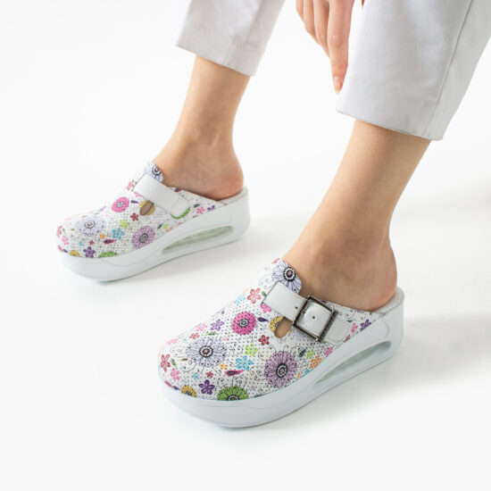 Zuecos de trabajo de piel blanca para mujer con plataforma | TUASOLEA