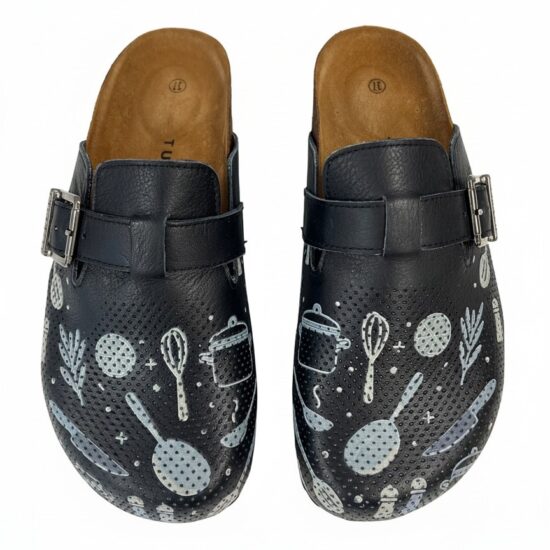 Zuecos de cocina estampados planos de piel natural con hebilla | TUASOLEA