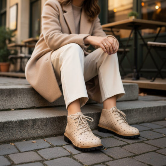 Botines planos beige de piel para mujer con cordones | TUASOLEA