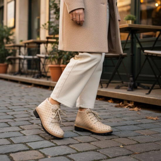 Botines planos beige de piel para mujer con cordones | TUASOLEA