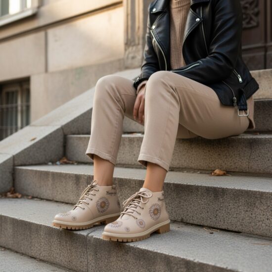 Botines planos beige de piel para mujer con cordones | TUASOLEA