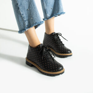 Botines planos negros de piel para mujer con cordones Botines mujer