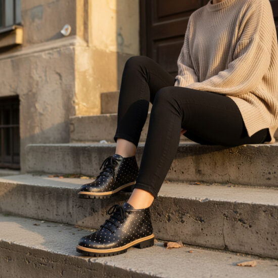 Botines planos negros de piel para mujer con cordones | TUASOLEA