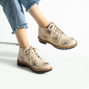 Botines planos beige de piel para mujer con cordones Botines mujer