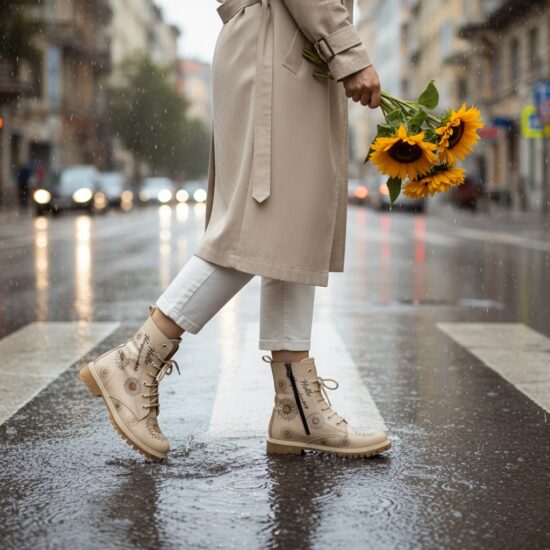 Botas planas de piel beige para mujer con cordones | TUASOLEA