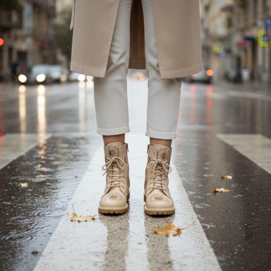 Botas planas de piel beige para mujer con cordones | TUASOLEA