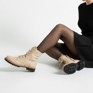 Botas planas de piel beige para mujer con cordones Botines mujer