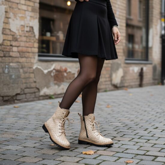 Botas planas de piel beige para mujer con cordones | TUASOLEA