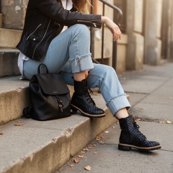 Botas planas negras de piel para mujer con cordones | TUASOLEA