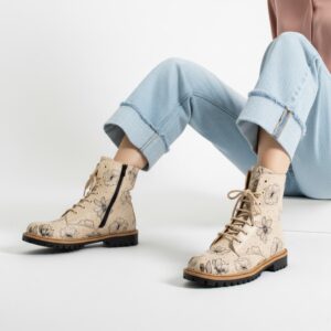 Botas planas de piel beige para mujer con cordones Botines mujer
