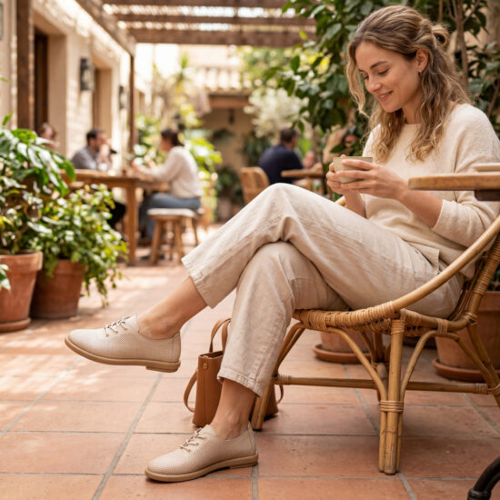 Zapatos cómodos beige de piel para mujer con memory foam - Бежов