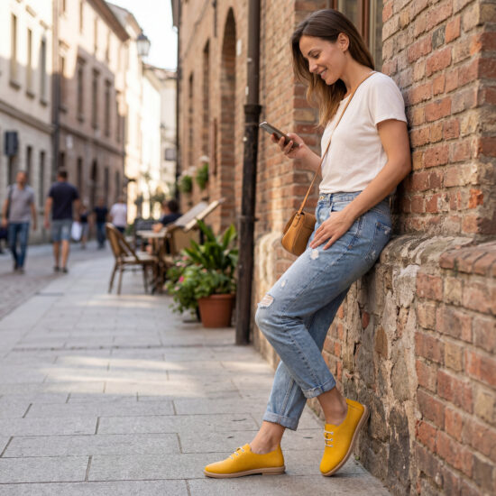 Zapatos cómodos amarillos de piel para mujer con memory foam - vista superior
