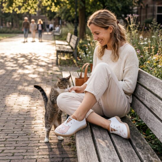 Zapatos cómodos con diseño de gato en piel para mujer con memory foam - Бял Розов