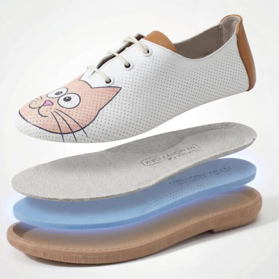 Zapatos cómodos con diseño de gato en piel para mujer con memory foam - vista superior