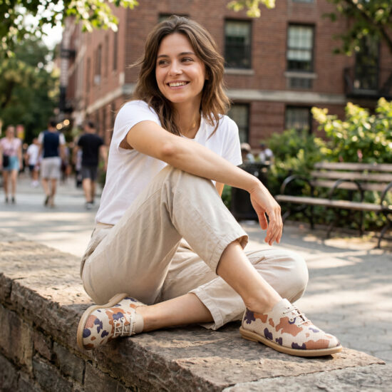 Zapatos cómodos con estampado camuflaje de piel para mujer con memory foam - Бежов Кафяв