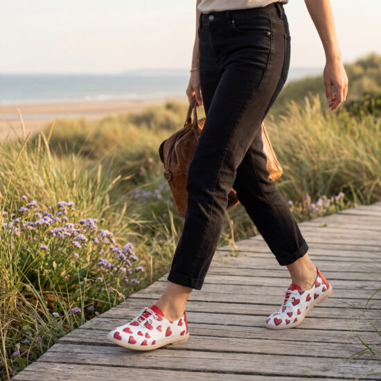 Zapatos cómodos blancos de piel con memory foam – estampado corazones - Бял Червен