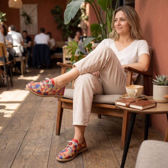 Zapatos cómodos de piel para mujer con memory foam y estampado geométrico - Червен Син