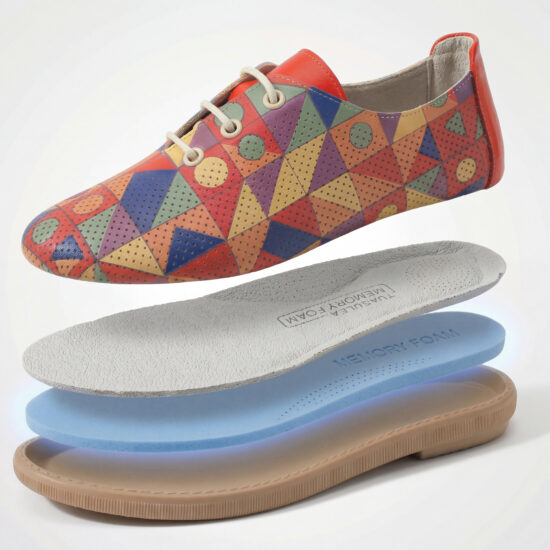 Zapatos cómodos de piel para mujer con memory foam y estampado geométrico - vista superior