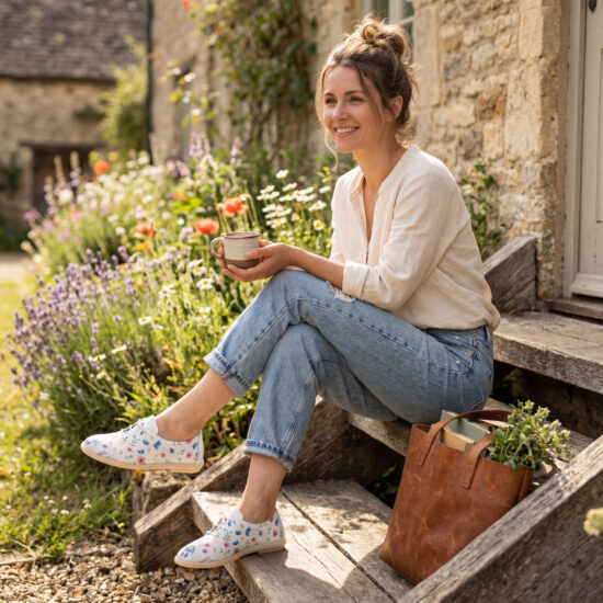 Zapatos cómodos de piel para mujer con memory foam - estampado floral - Бял Цветен