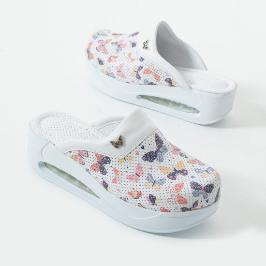 Zuecos de trabajo de piel para mujer con plataforma – estampado Wings White — 5