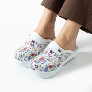 Zuecos de trabajo de piel para mujer con plataforma – estampado Bambas