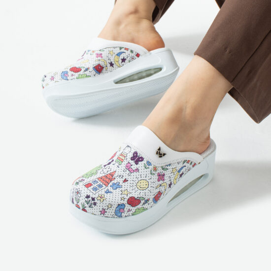 Zuecos de trabajo de piel para mujer con plataforma – estampado Bambas — 4