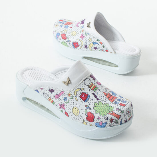 Zuecos de trabajo de piel para mujer con plataforma – estampado Bambas — 5