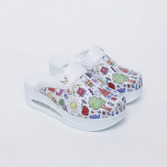 Zuecos de trabajo de piel para mujer con plataforma – estampado Bambas — 6