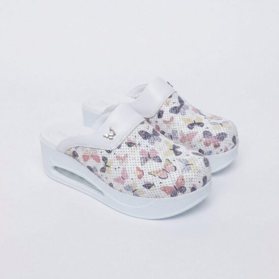 Zuecos de trabajo de piel para mujer con plataforma – estampado Wings White — 6