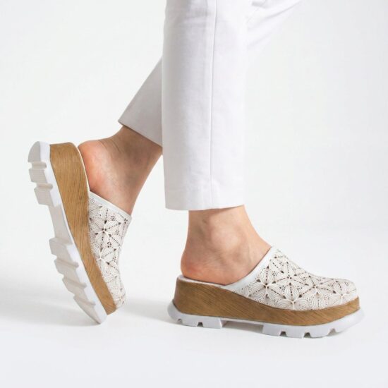Zuecos blancos de verano con plataforma para mujer - Естествена кожа