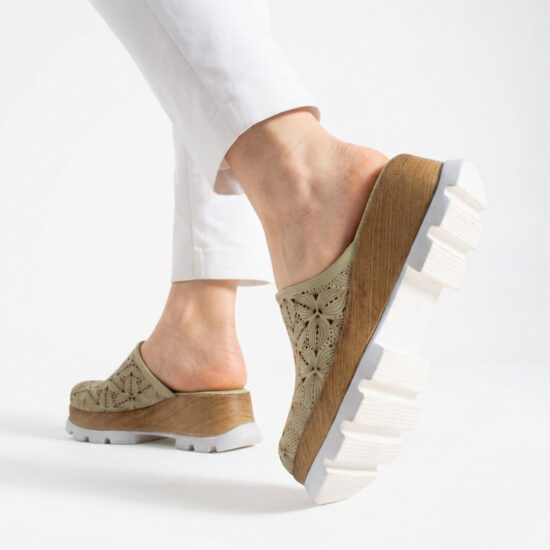 Zuecos verdes de verano con plataforma para mujer - Естествена кожа