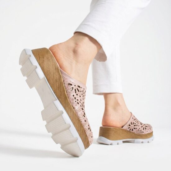 Zuecos rosas de verano con plataforma para mujer - Естествена кожа