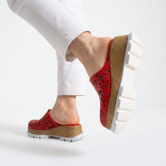 Zuecos rojos de verano con plataforma para mujer - Естествена кожа
