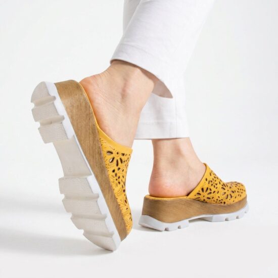 Zuecos amarillos de verano con plataforma para mujer - Естествена кожа