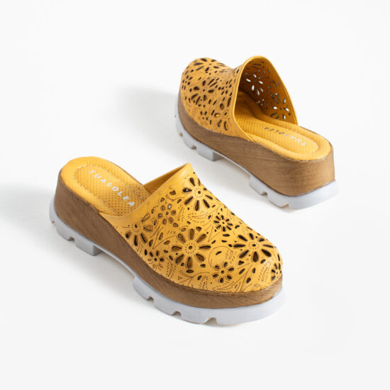 Zuecos amarillos de verano con plataforma para mujer - vista lateral