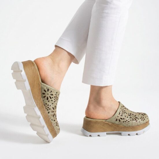 Zuecos verdes de verano con plataforma para mujer - Естествена кожа