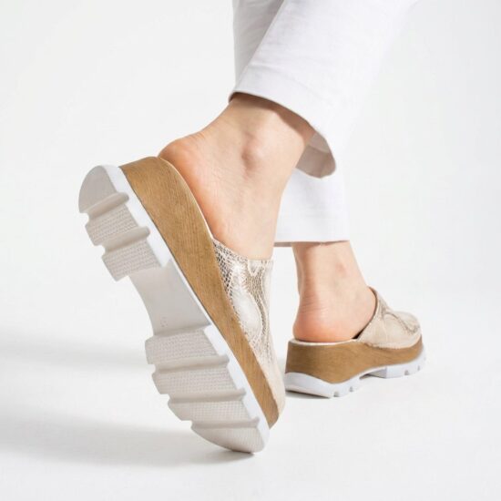 Zuecos dorados de verano con plataforma para mujer - Естествена кожа