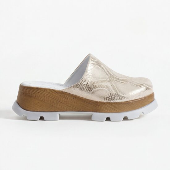 Zuecos dorados de verano con plataforma para mujer - vista lateral