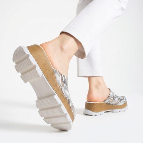 Zuecos plateados de verano con plataforma para mujer - Естествена кожа