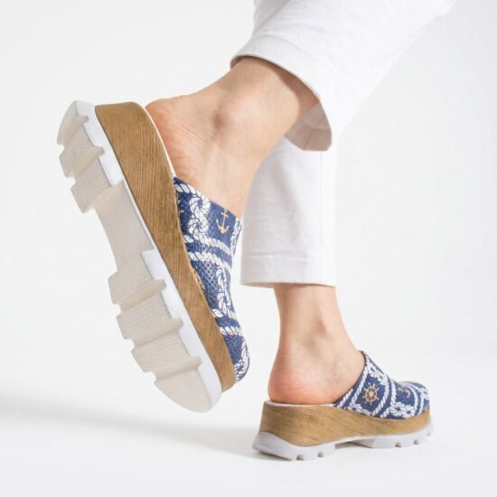 Zuecos azules de verano con plataforma para mujer - Естествена кожа
