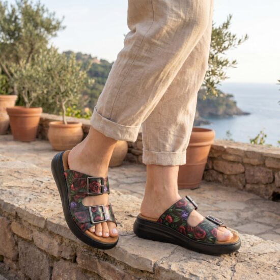 Sandalias de mujer de piel con plantilla extraíble - Черен Червен