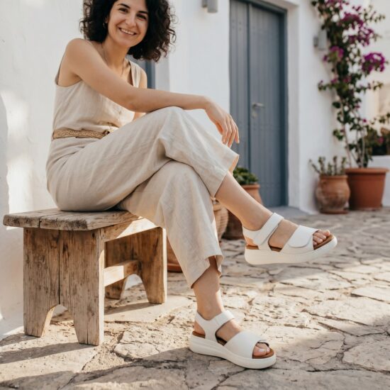 Sandalias de piel para mujer con plantillas extraíbles y velcro - Бял